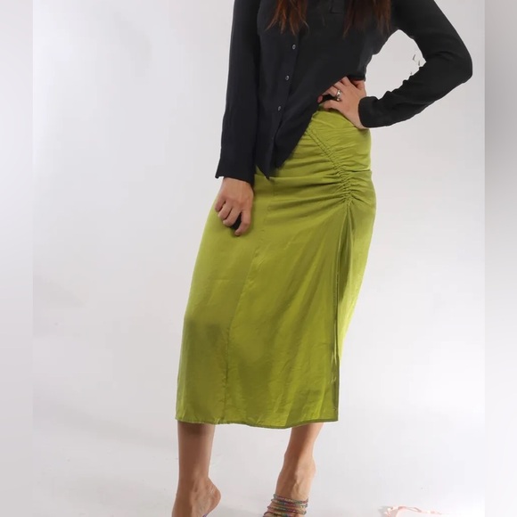 Zara Long Skirt in Lime Green with Slit and Ruching; XS - Picture 2 of 7